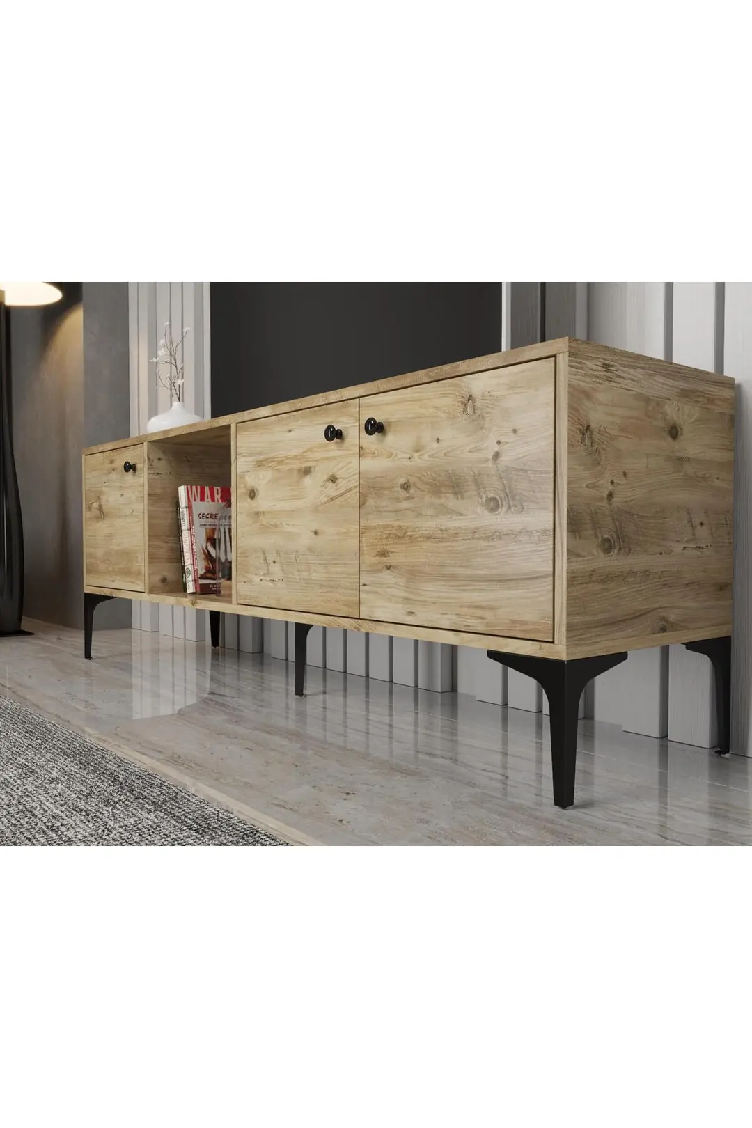 Hira 160 Cm Metal Ayaklı Tv Ünitesi - Atlantik Çam / Siyah